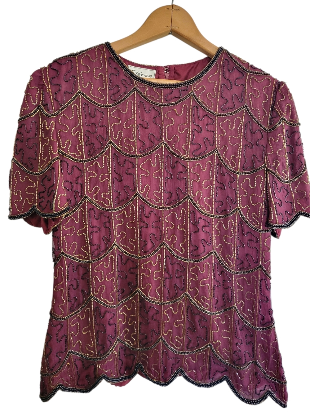 Vintage Stenay beaded silk top With Scallopes Sleeves And Bottom Hem Size Large